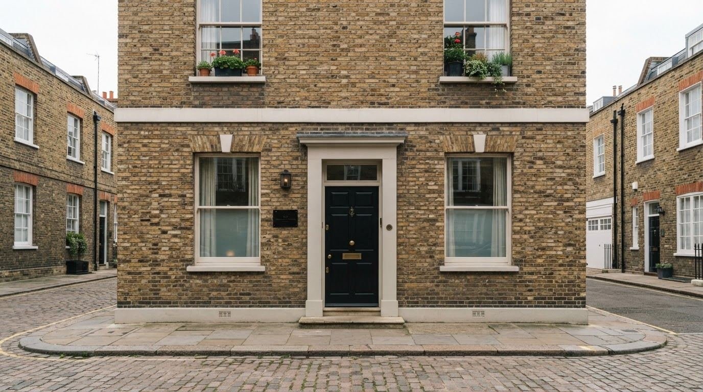 Hotel entrance on a quiet brick street