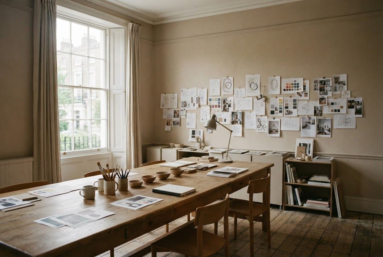 The studio: an oak table under a tall sash window