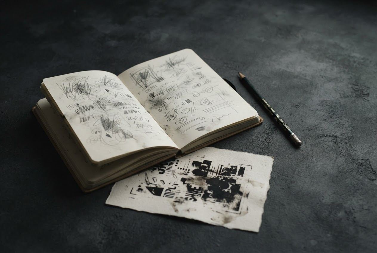An open sketchbook of type sketches on a dark surface