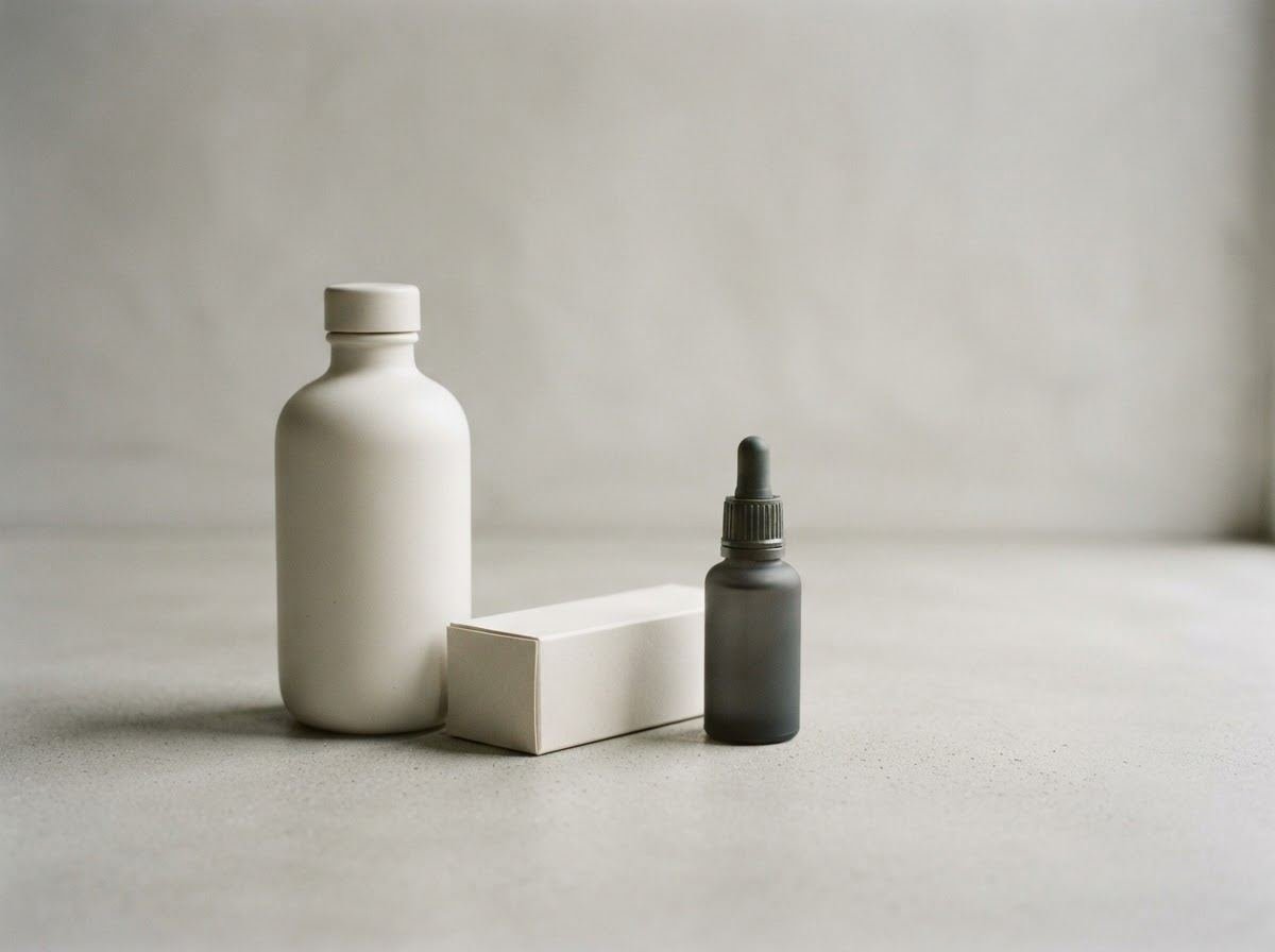 Minimal wellness packaging on a pale ground