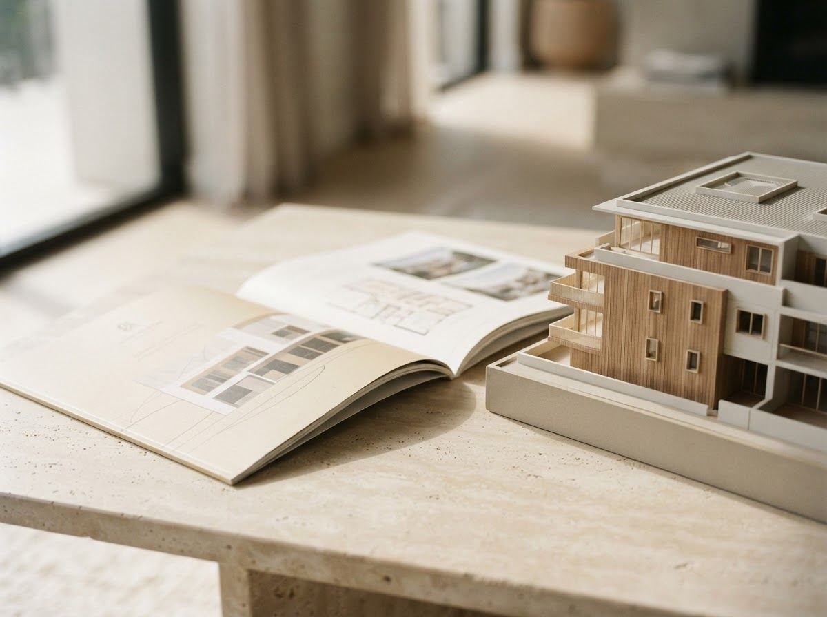 Marketing brochure beside an architectural model
